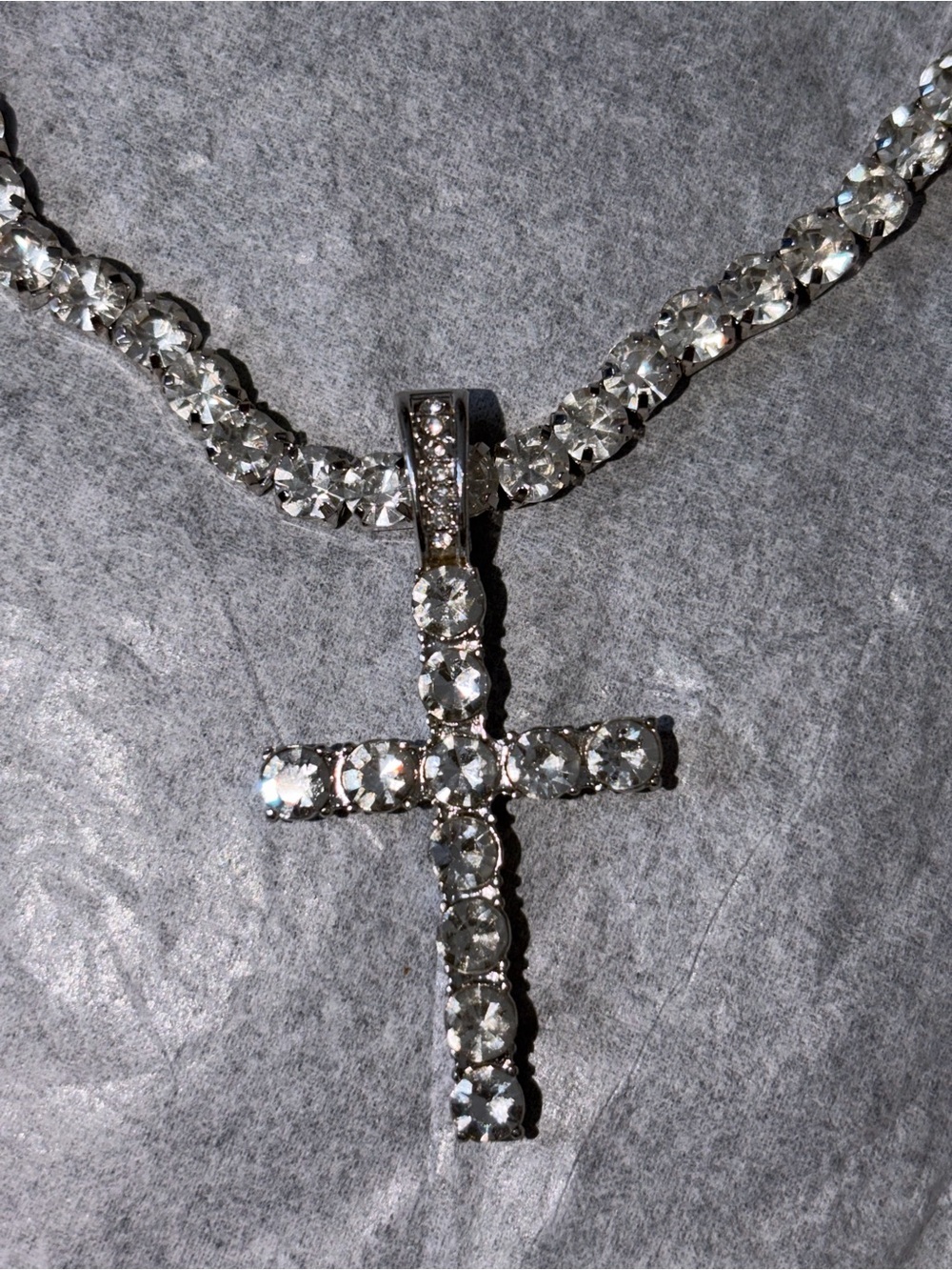 Crystal Cross Pendant Tennis Necklace - Silver Tone - Picture 4 of 7